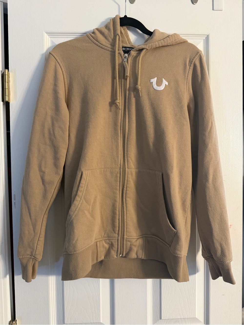 True Religion Beige Full-Zip Hoodie with Horseshoe Logo